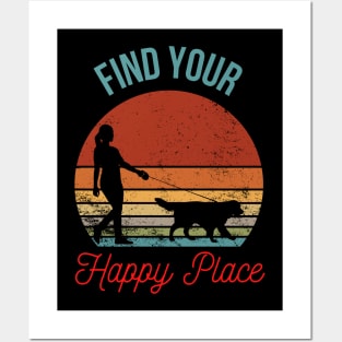 Find Your Happy Place: Silhouette of Girl Walking Dog with Retro Sunset Background Posters and Art